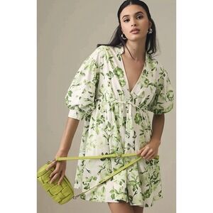 Anthropologie Maeve Tunic Babydoll Mini Dress Lime Green White Oversized XXS